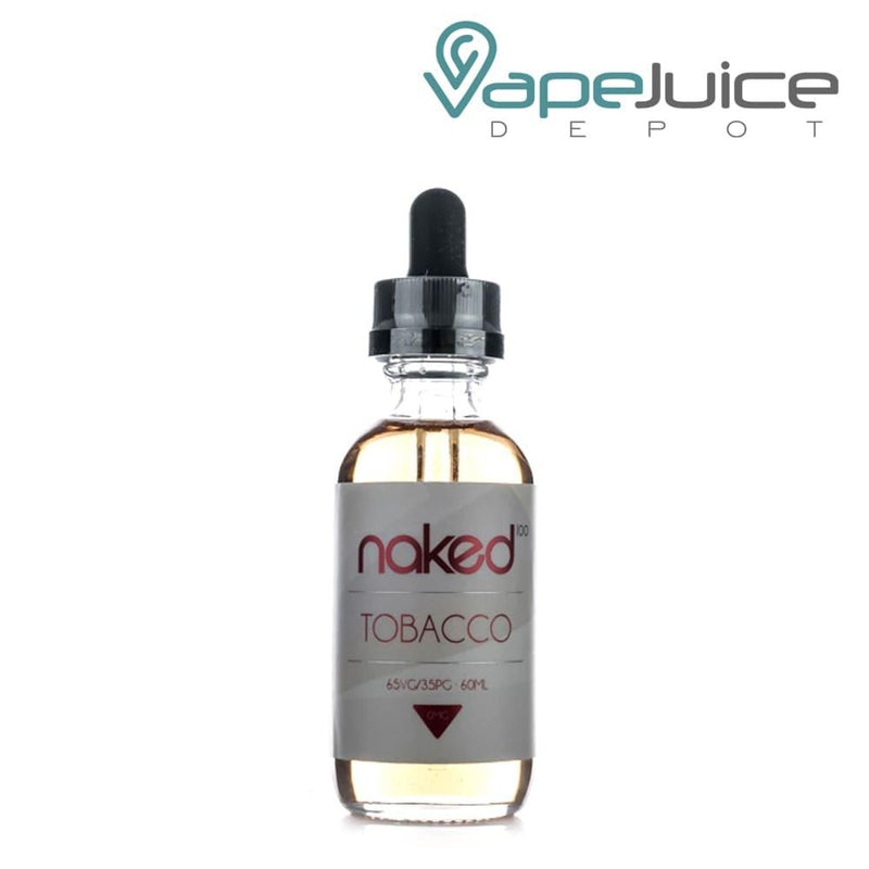 A 60ml glass bottle of American Patriots Naked 100 Tobacco with a warning sign - Vape Juice Depot