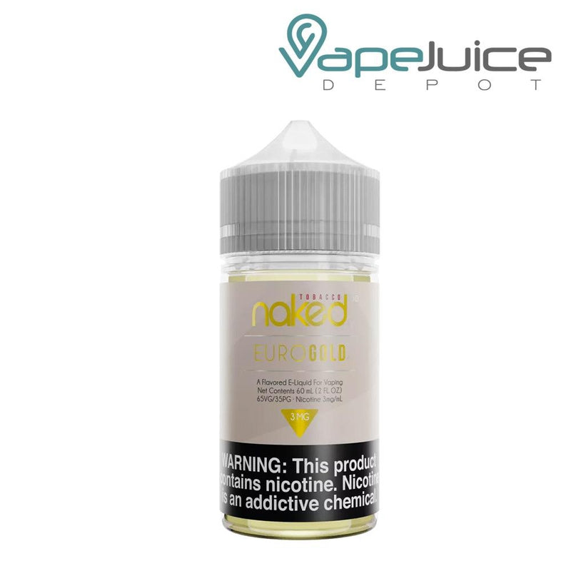 A 60ml bottle of 3mg Euro Gold Naked 100 Tobacco with a warning sign - Vape Juice Depot