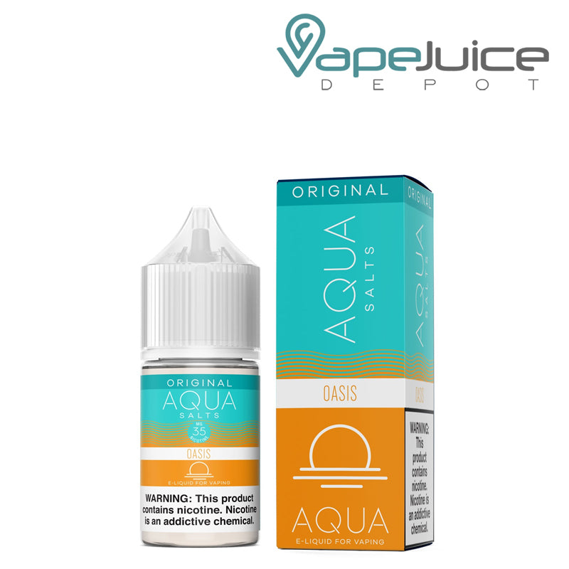 A 30ml bottle of OASIS AQUA Synthetic Salts 35mg with a warning sign and a box next to it - Vape Juice Depot