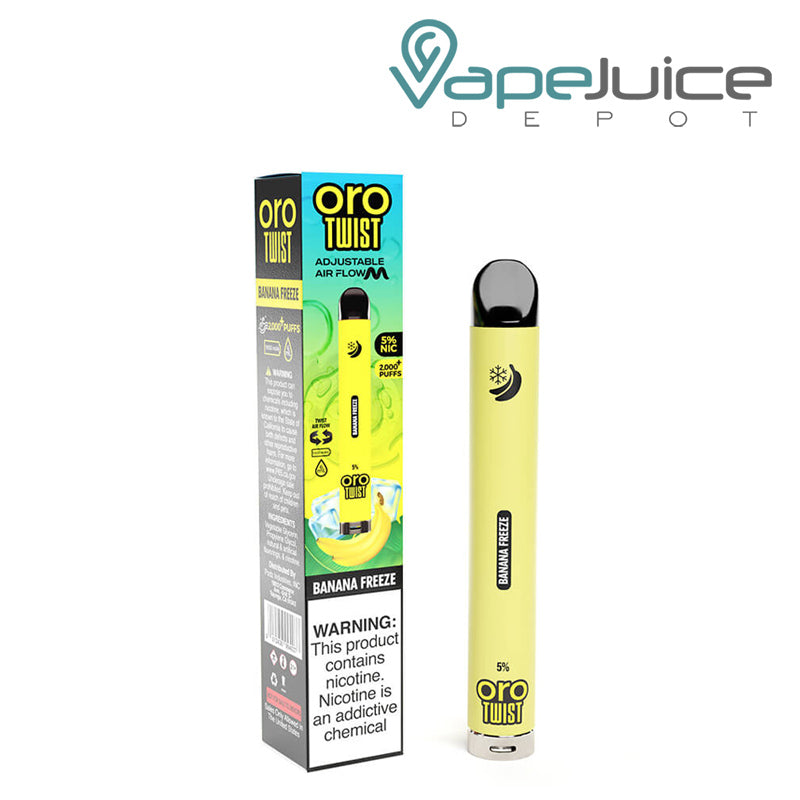 A box of Banana Freeze ORO MAX Twist Disposable Device with a warning sign and it's disposable - Vape Juice Depot