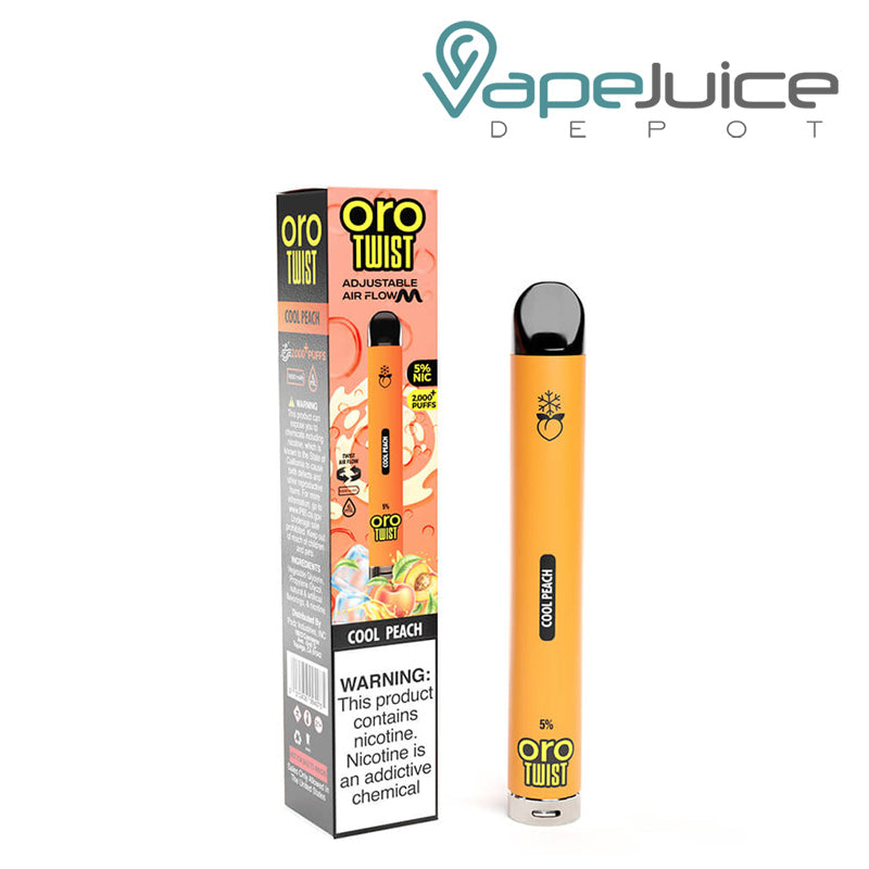 A box of Cool Peach ORO MAX Twist Disposable Device with a warning sign and it's disposable - Vape Juice Depot