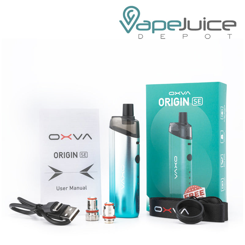 USB cable, user manual, coils, OXVA Origin SE Kit, a box and lanyard next to it - Vape Juice Depot