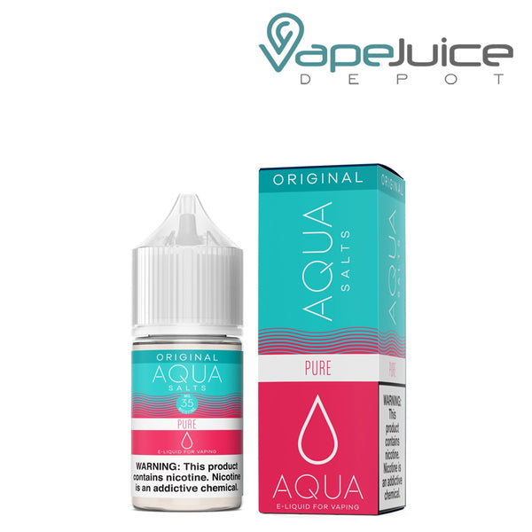A 30ml bottle of PURE AQUA Synthetic Salts 35mg with a warning sign and a box next to it - Vape Juice Depot