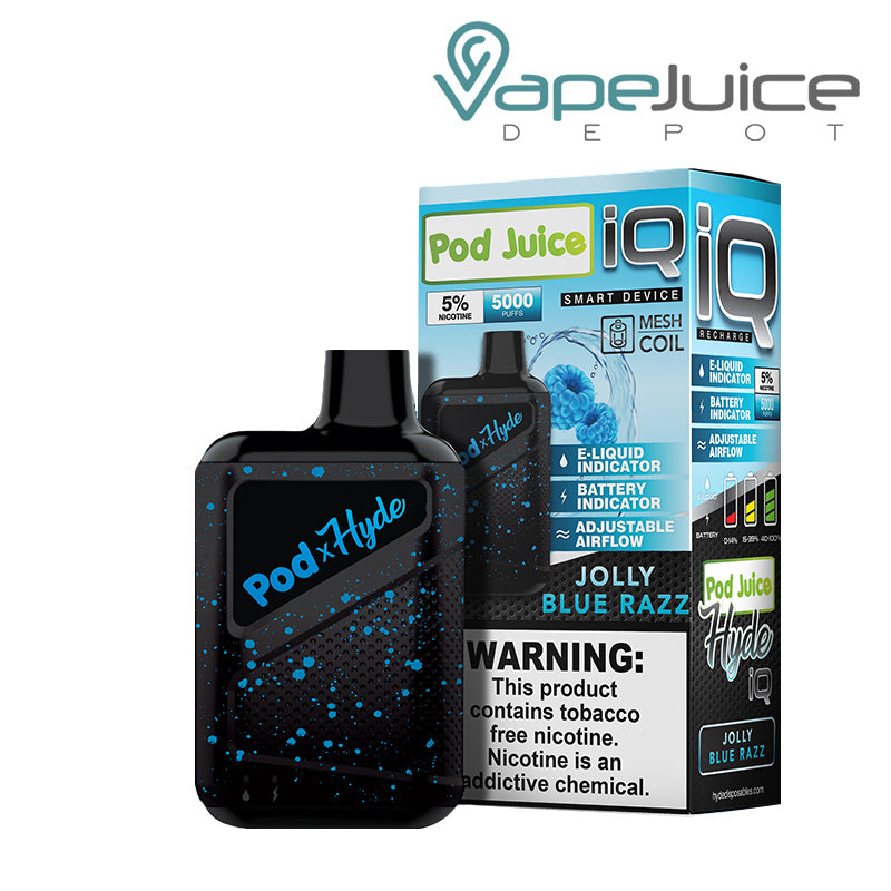 Jolly Blue Razz Pod Juice X Hyde IQ Disposable 5000 Puffs and a box with a warning sign next to it - Vape Juice Depot