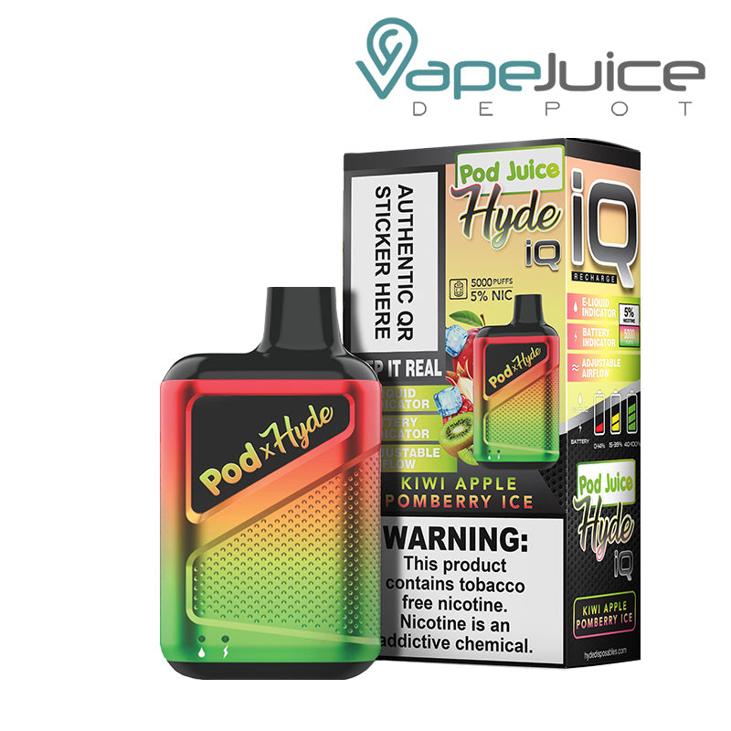 Kiwi Apple Pomberry Ice Pod Juice X Hyde IQ Disposable 5000 Puffs and a box with a warning sign next to it - Vape Juice Depot
