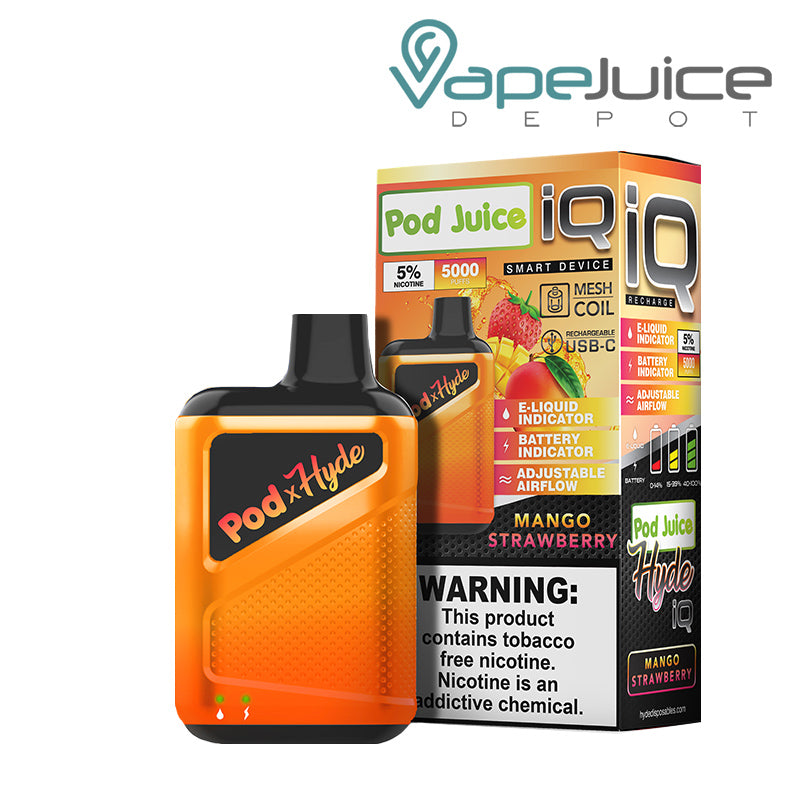 Mango Strawberry Pod Juice X Hyde IQ Disposable 5000 Puffs and a box with a warning sign next to it - Vape Juice Depot