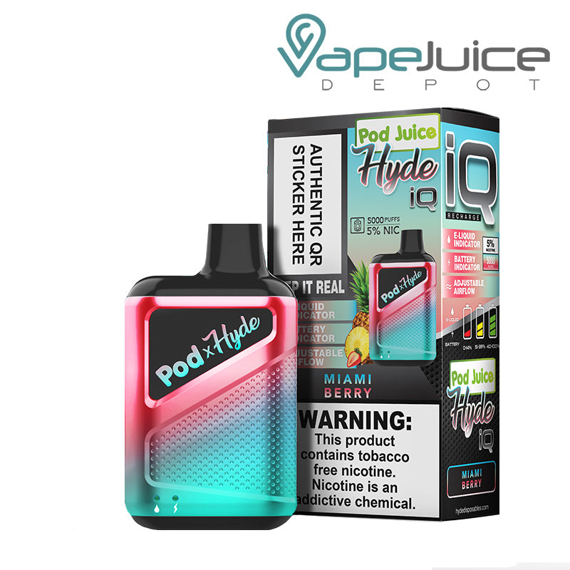 Miami berry Pod Juice X Hyde IQ Disposable 5000 Puffs  and a box with a warning sign next to it - Vape Juice Depot