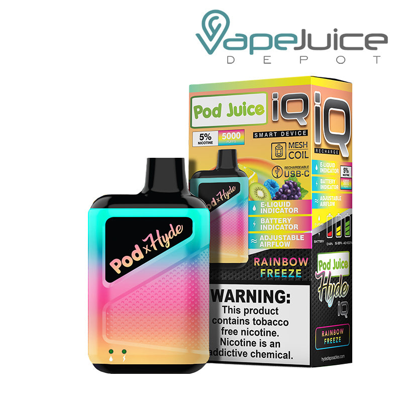 Rainbow Freeze Pod Juice X Hyde IQ Disposable 5000 Puffs and a box with a warning sign next to it - Vape Juice Depot