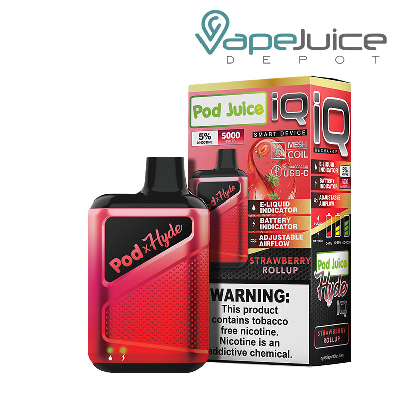 Strawberry Rollup Pod Juice X Hyde IQ Disposable 5000 Puffs and a box with a warning sign next to it - Vape Juice Depot