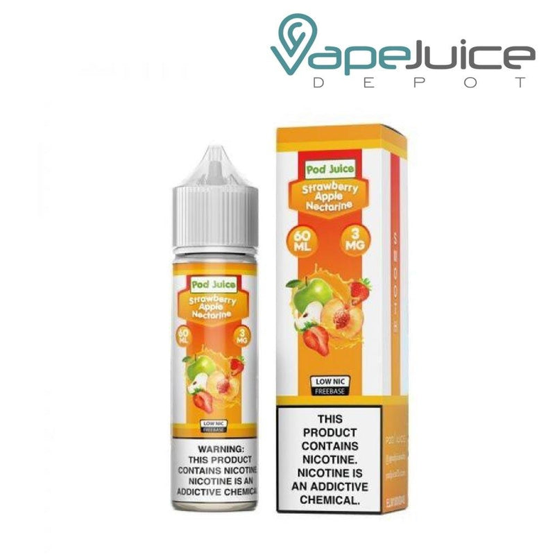 A 60ml bottle of Strawberry Apple Nectarine Pod Juice eLiquid and a box with a warning sign next to it - Vape Juice Depot