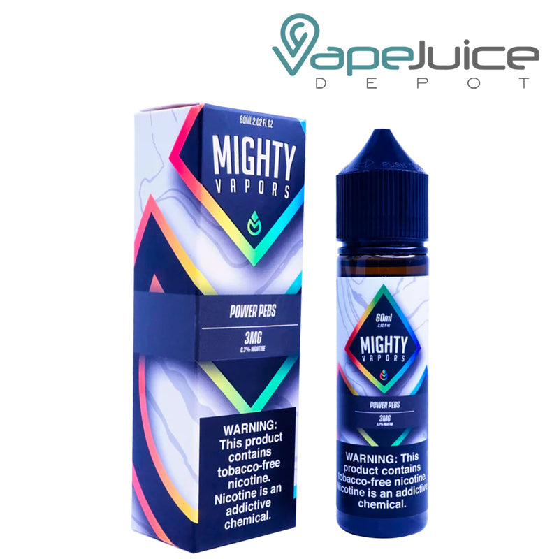 A box of Power Pebs Mighty Vapors TFN eLiquid with a warning sign and a 60ml bottle next to it - Vape Juice Depot