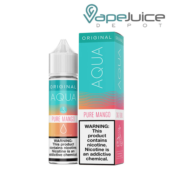 A 60ml bottle of Pure Mango AQUA Synthetic eLiquid and a box with a warning sign - Vape Juice Depot