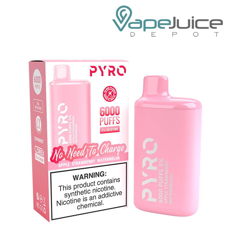 A box of Apple Strawberry Watermelon Pyro Tech 6000 Disposable with a warning sign and a Disposable next to it - Vape Juice Depot