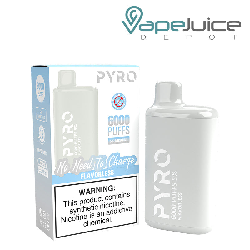 A box of Flavorless Pyro Tech 6000 Disposable with a warning sign and a Disposable next to it - Vape Juice Depot