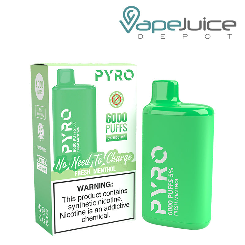 A box of Fresh Menthol Pyro Tech 6000 Disposable with a warning sign and a Disposable next to it - Vape Juice Depot