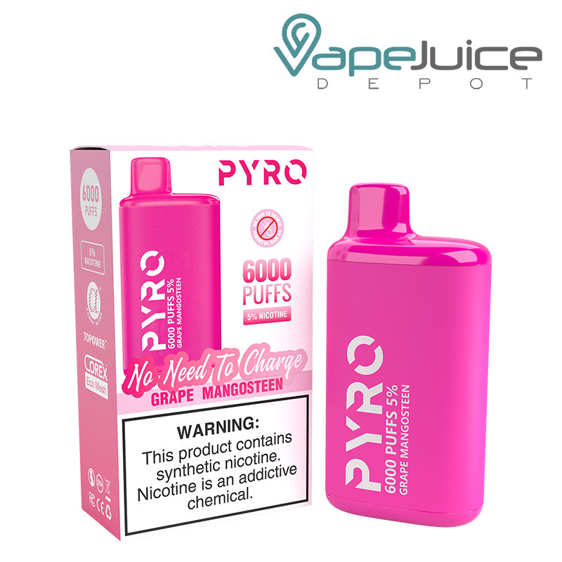 A box of Grape Mangosteen Pyro Tech 6000 Disposable with a warning sign and a Disposable next to it - Vape Juice Depot