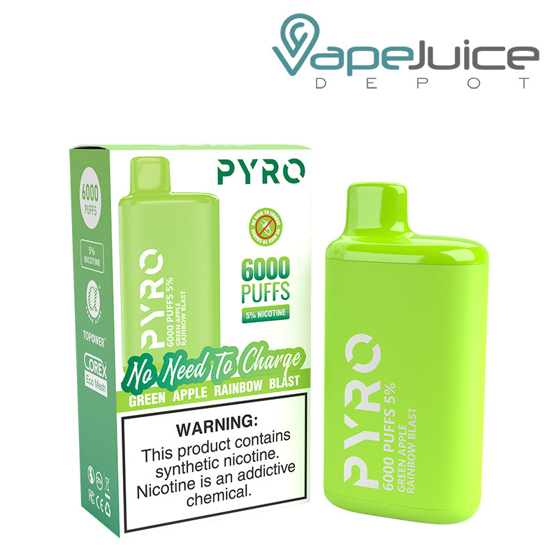 A box of Green Apple Rainbow Blast Pyro Tech 6000 Disposable with a warning sign and a Disposable next to it - Vape Juice Depot