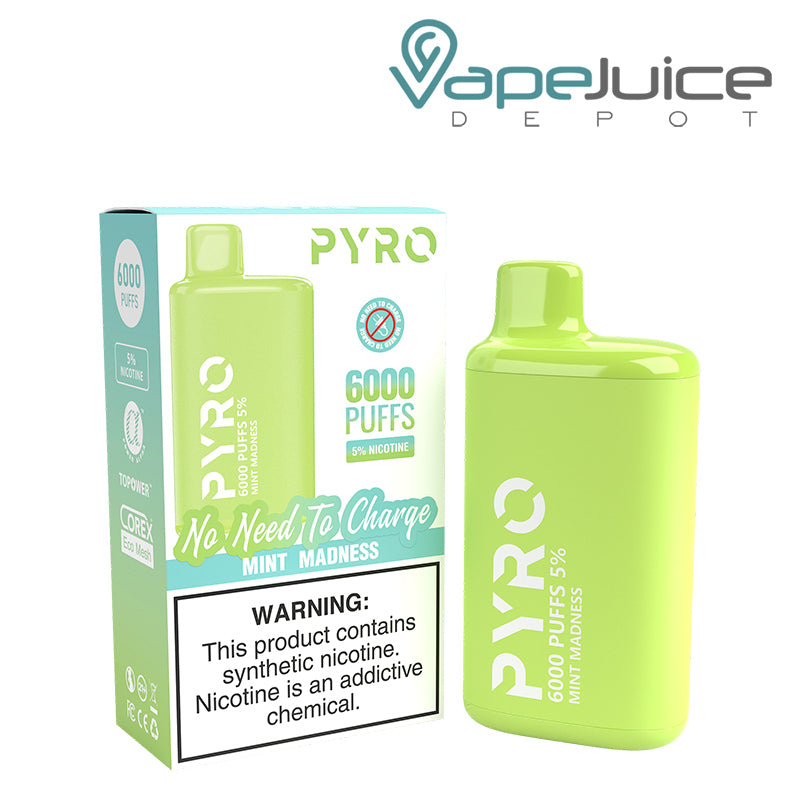 A box of Mint Madness Pyro Tech 6000 Disposable with a warning sign and a Disposable next to it - Vape Juice Depot