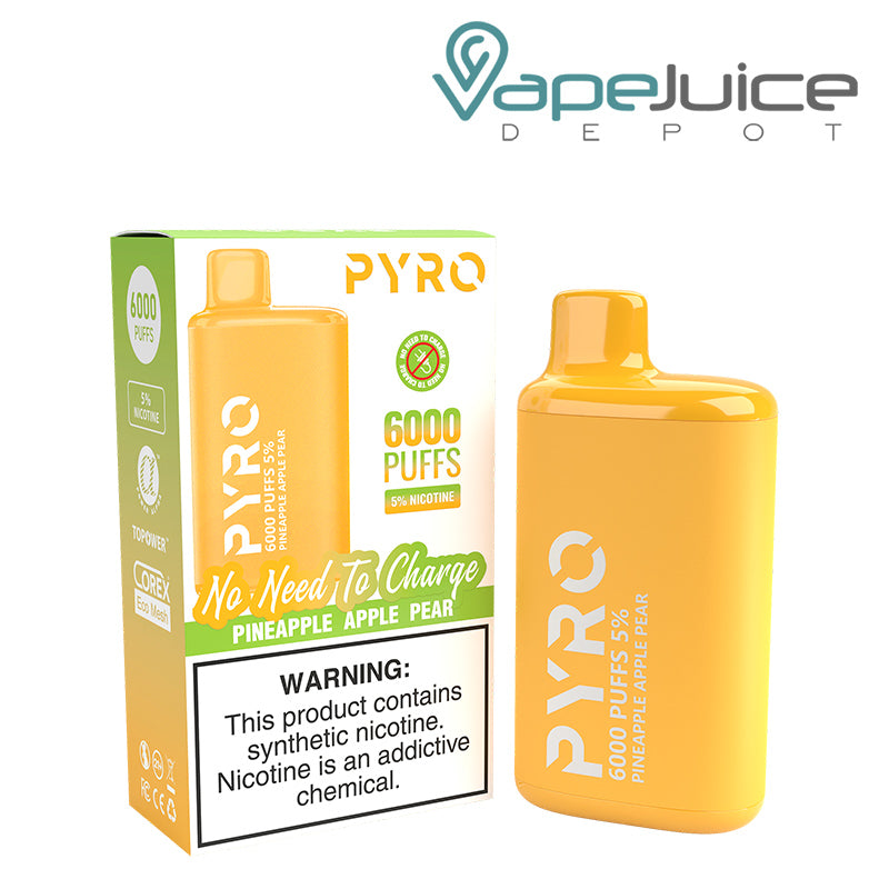 A box of Pineapple Apple Pear Pyro Tech 6000 Disposable with a warning sign and a Disposable next to it - Vape Juice Depot