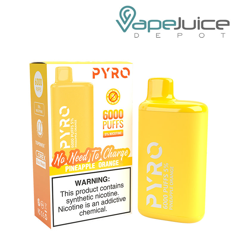 A box of Pineapple Orange Pyro Tech 6000 Disposable with a warning sign and a Disposable next to it - Vape Juice Depot