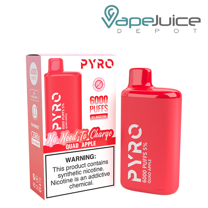 A box of Quad Apple Pyro Tech 6000 Disposable with a warning sign and a Disposable next to it - Vape Juice Depot