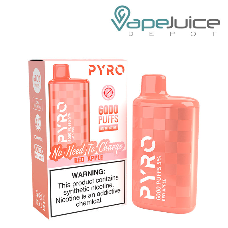 A box of Red Apple Pyro Tech 6000 Disposable with a warning sign and a disposable next to it - Vape Juice Depot