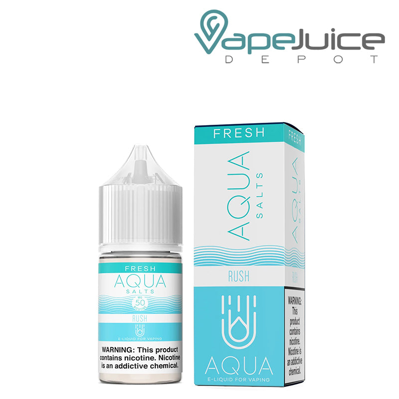A 30ml bottle of RUSH AQUA Synthetic Salts 50mg with a warning sign and a box next to it - Vape Juice Depot