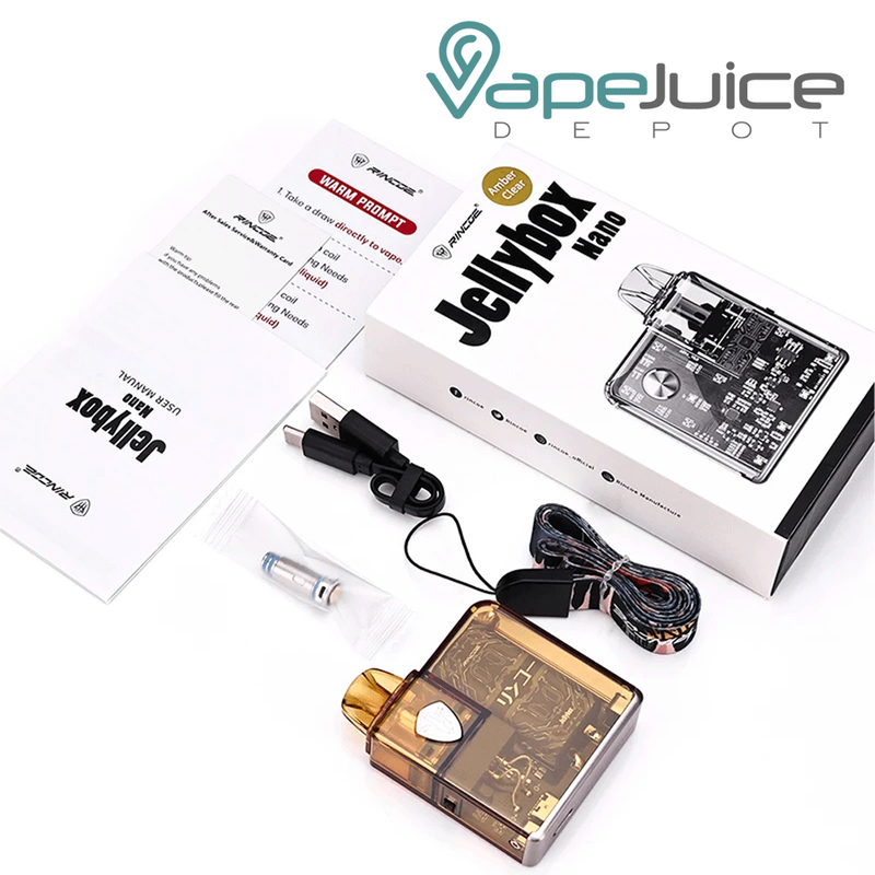 Amber Clear Rincoe Jellybox Nano Kit, its coil, usb cable and a box next to it - Vape Juice Depot