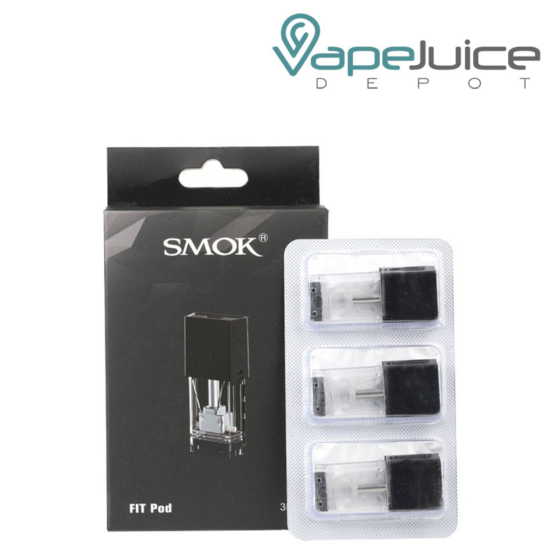A box of SMOK Fit Replacement Pod Cartridges and a three pack pods next to it - Vape Juice Depot