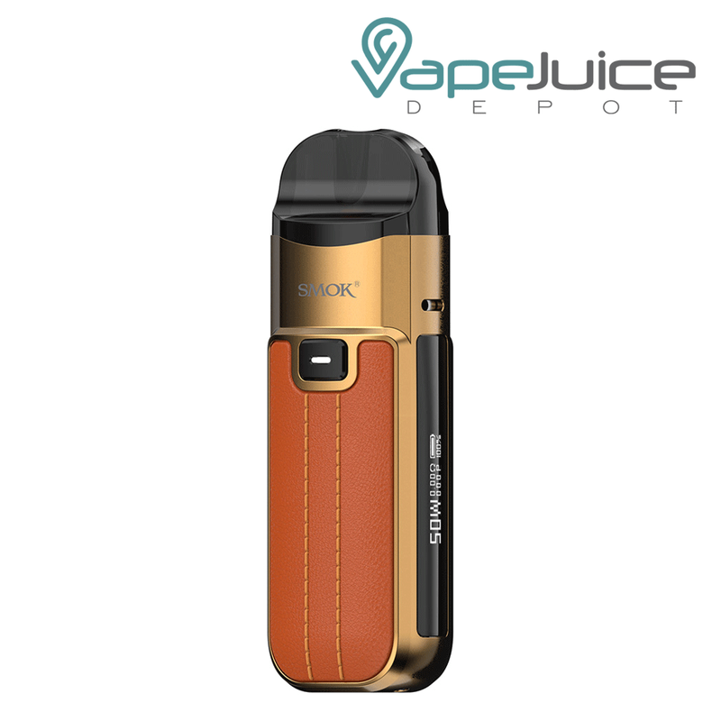 Brown Leather Series SMOK Nord 50W Pod Kit with an Intuitive Firing Button and a display on the side - Vape Juice Depot