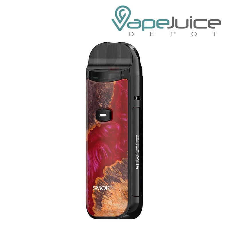 Red Stabilizing Wood SMOK Nord 50W Pod Kit with an Intuitive Firing Button and a display on the side - Vape Juice Depot