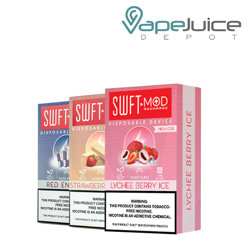 Three boxes of SWFT Mod 5000 Disposable with a warning sign  - Vape Juice Depot