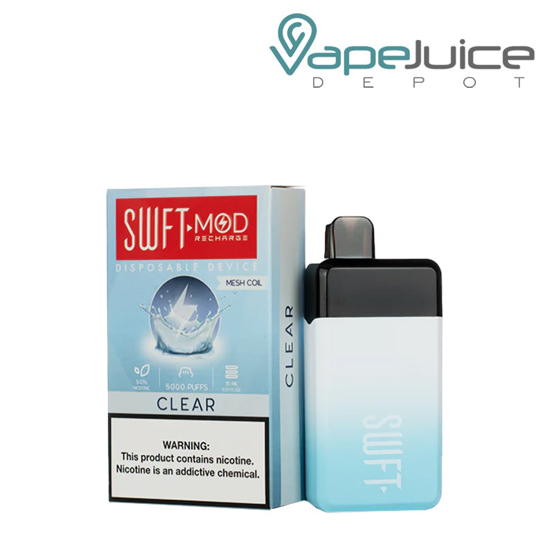 A box of Clear SSWFT Mod 5000 Disposable with a warning sign and a device next to it - Vape Juice Depot