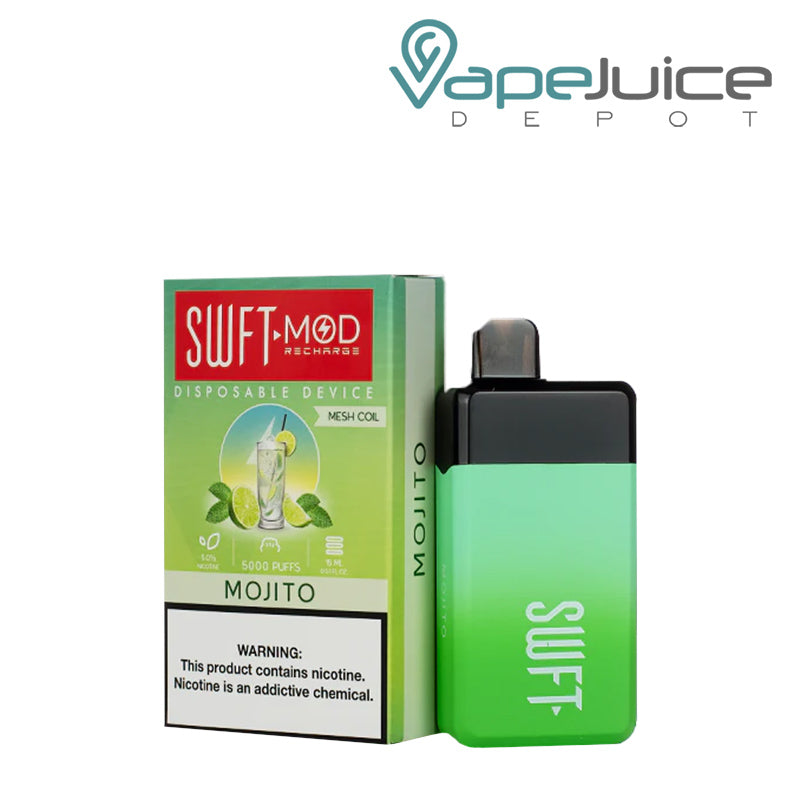 A box of Mojito SWFT Mod 5000 Disposable with a warning sign and a device next to it - Vape Juice Depot