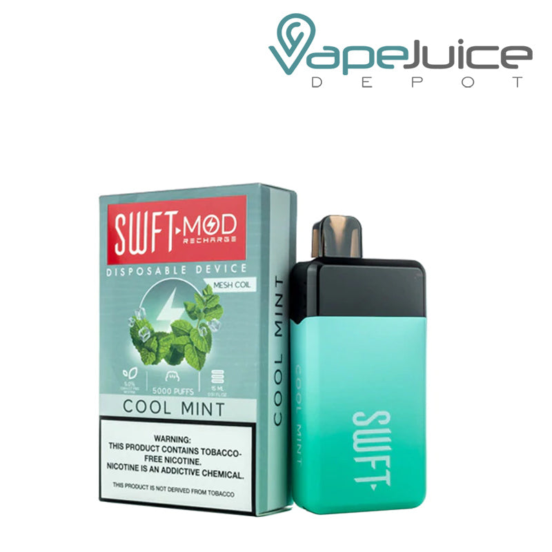 Cool Mint SWFT Mod 5000 Disposable and a box with a warning sig  - Vape Juice Depot