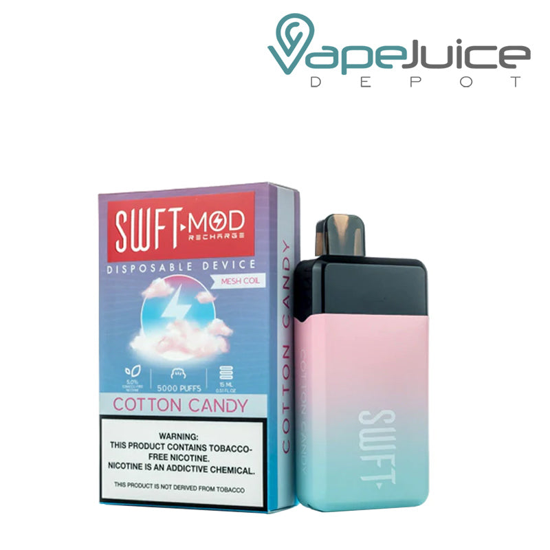 Cotton Candy SWFT Mod 5000 Disposable and a box with a warning sign  - Vape Juice Depot