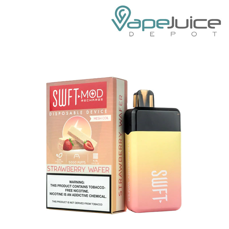 Strawberry Wafer SWFT Mod 5000 Disposable and box with a warning sign - Vape Juice Depot