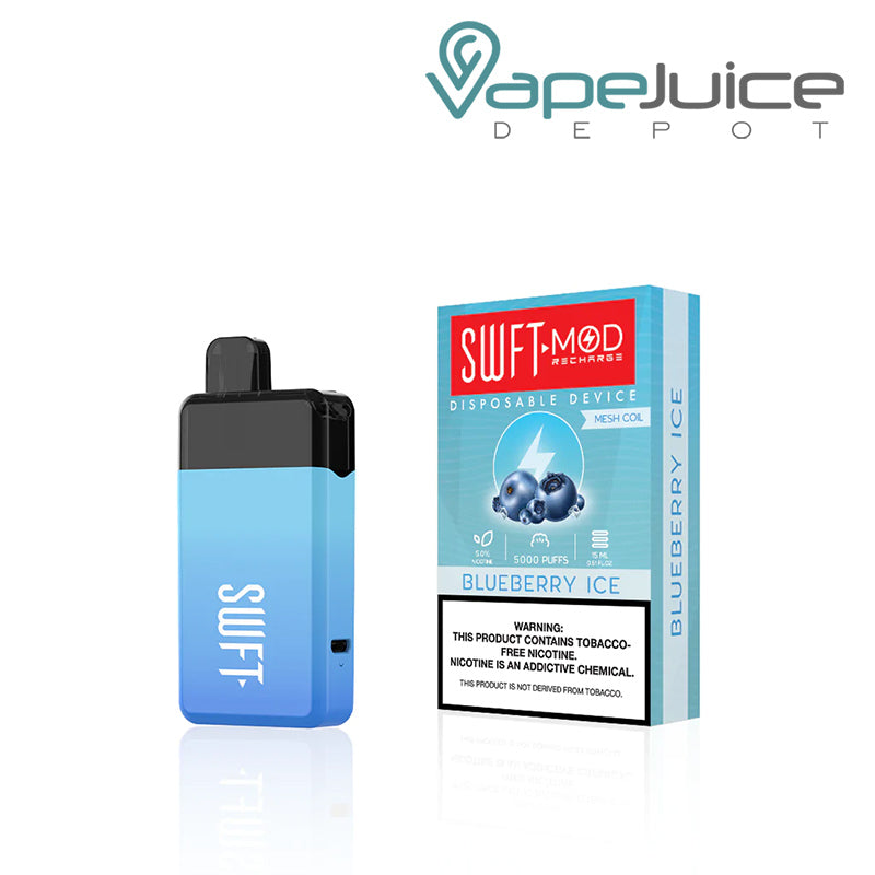 Blueberry Ice SWFT Mod 5000 Disposable and a box with a warning sign - Vape Juice Depot