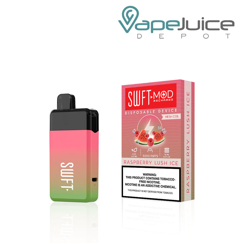 Raspberry Lush SWFT Mod 5000 Disposable and a box with a warning sign - Vape Juice Depot