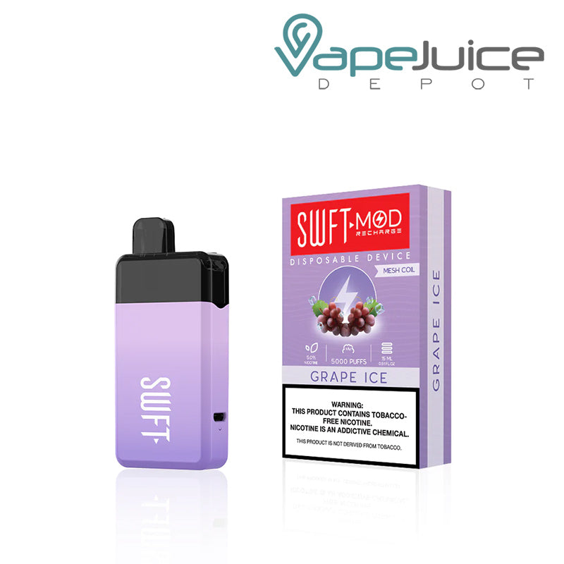 Grape  Ice SWFT Mod 5000 Disposable and a box with a warning sign - Vape Juice Depot