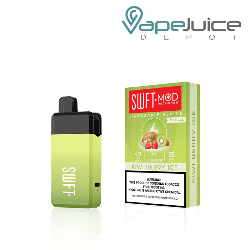 Kiwi Berry Ice SWFT Mod 5000 Disposable and a box with a warning sign - Vape Juice Depot