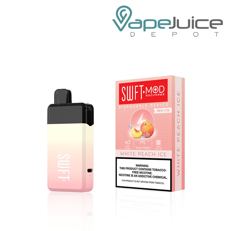 White Peach Ice SWFT Mod 5000 Disposable and a box with a warning sign - Vape Juice Depot