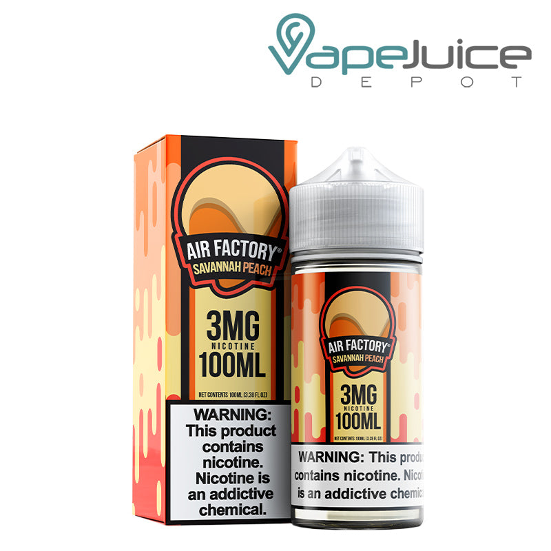 A box of Savannah Peach Synthetic Air Factory eLiquid 3mg with a warning sign and a 100ml bottle next to it - Vape Juice Depot