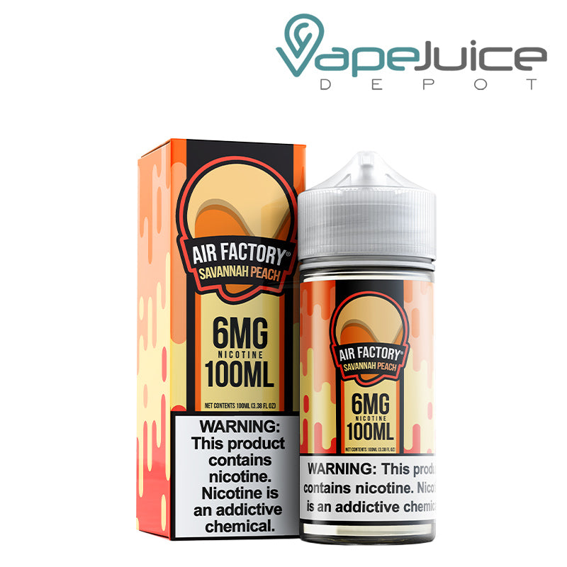 A box of Savannah Peach Synthetic Air Factory eLiquid 6mg with a warning sign and a 100ml bottle next to it - Vape Juice Depot