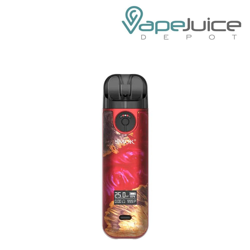 A SMOK Novo 4 Kit Red Stabilizing Wood with OLED Display, Type-C Port and an adjustable button - Vape Juice Depot