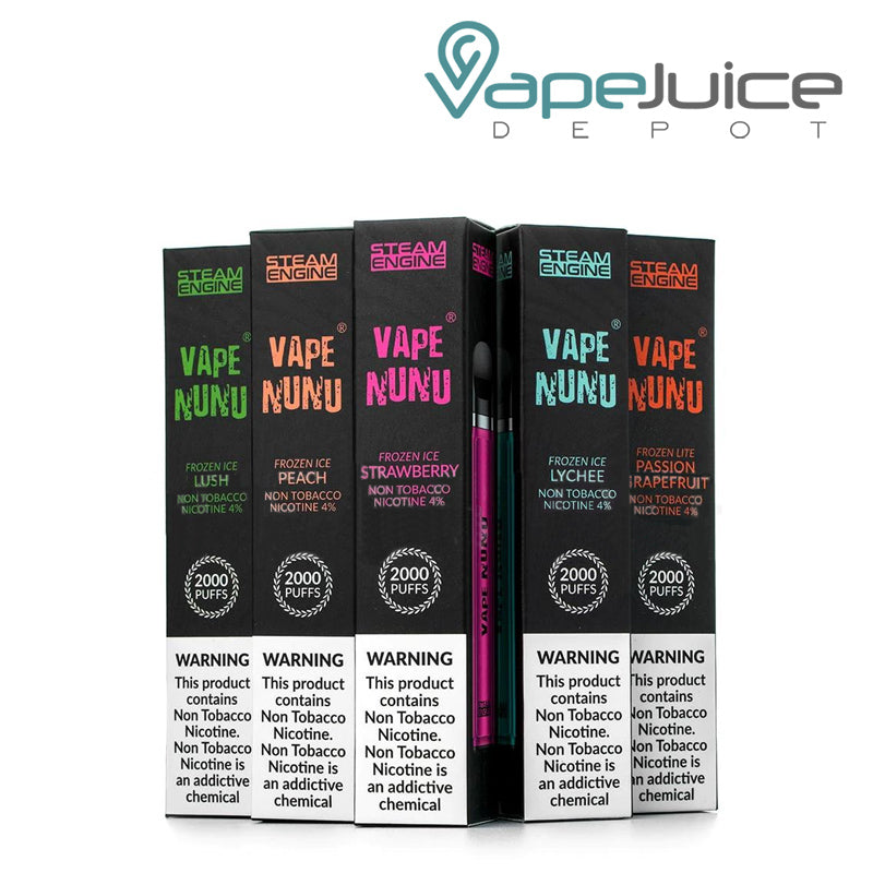 Five different flavors of Steam Engine Vape Nunu Disposables with a warning sign - Vape Juice Depot