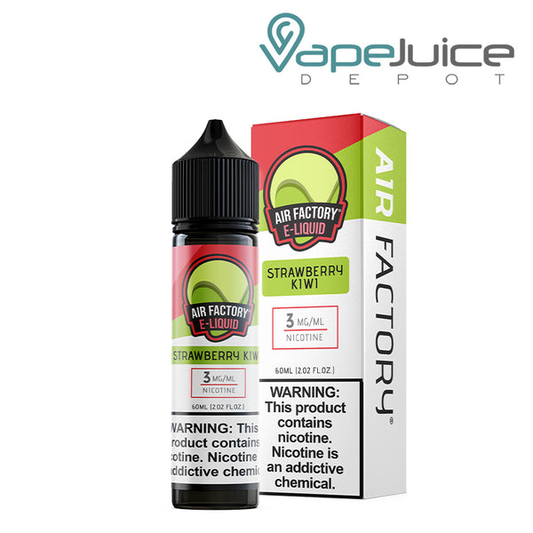 A 60ml bottle of Strawberry Kiwi Air Factory eLiquid 3mg with a warning sign and a box next to it - Vape Juice Depot