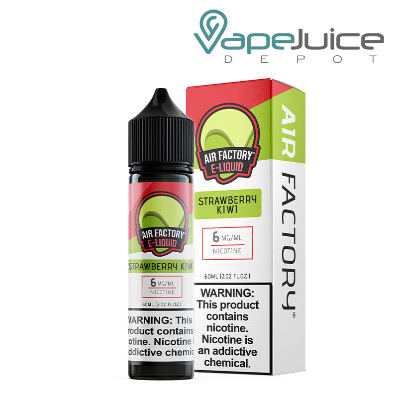 A 60ml bottle of Strawberry Kiwi Air Factory eLiquid 6mg with a warning sign and a box next to it - Vape Juice Depot