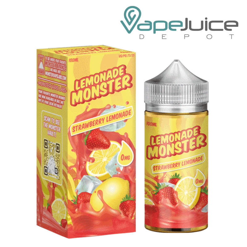 A 100ml bottle of Strawberry Lemonade Lemonade Monster and a box next to it - Vape Juice Depot