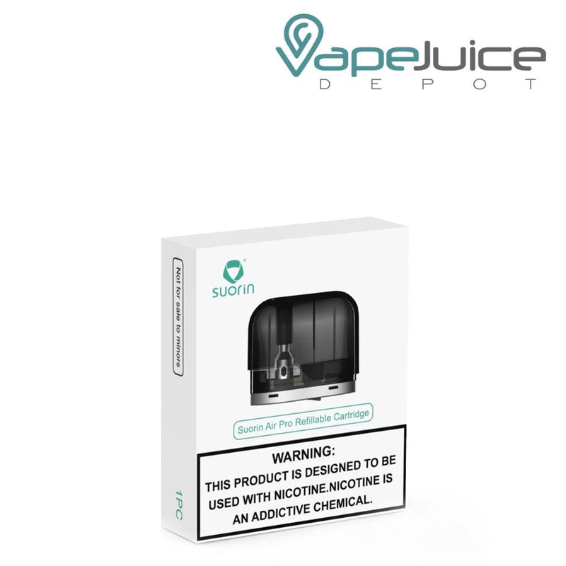 Suorin Air Pro Replacement Pod Cartridge box and a warning sign on it - Vape Juice Depot